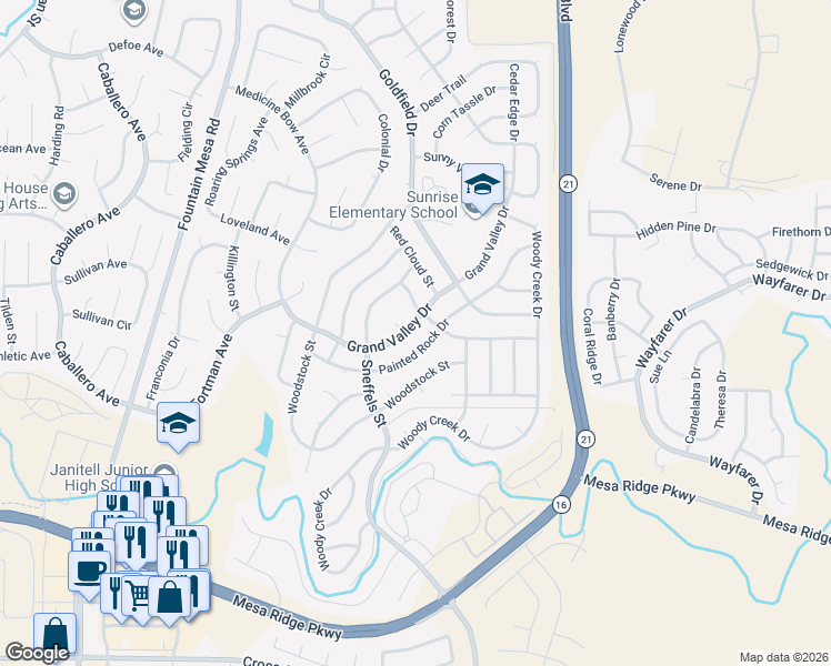 map of restaurants, bars, coffee shops, grocery stores, and more near 7370 Painted Rock Drive in Colorado Springs