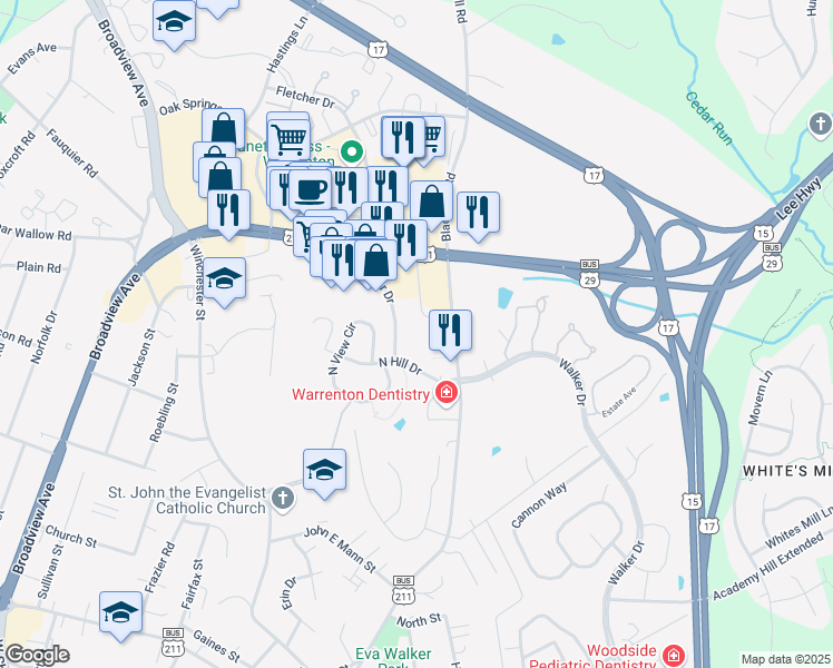 map of restaurants, bars, coffee shops, grocery stores, and more near 28 Blackwell Park Lane in Warrenton