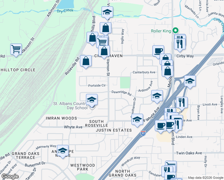 map of restaurants, bars, coffee shops, grocery stores, and more near 424 Dawnridge Road in Roseville