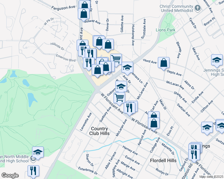 map of restaurants, bars, coffee shops, grocery stores, and more near 8331 Osborn Drive in Jennings