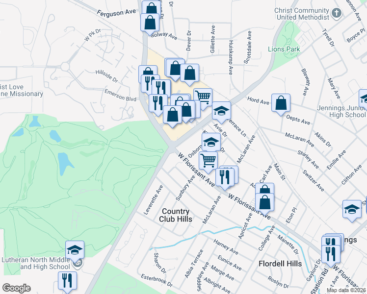 map of restaurants, bars, coffee shops, grocery stores, and more near 7557 West Florissant Avenue in St. Louis
