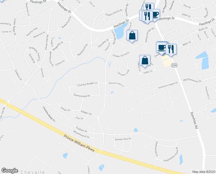 map of restaurants, bars, coffee shops, grocery stores, and more near 10474 Tree Spring Court in Manassas