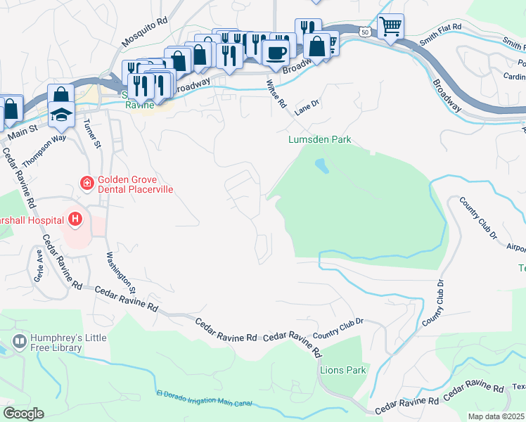 map of restaurants, bars, coffee shops, grocery stores, and more near 3389 Blairs Lane in Placerville