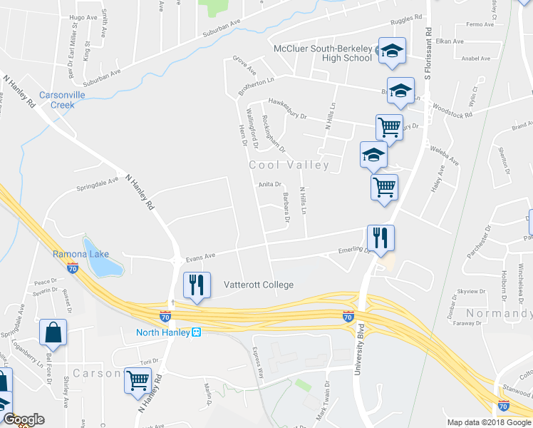 map of restaurants, bars, coffee shops, grocery stores, and more near 4634 Hern Drive in St. Louis