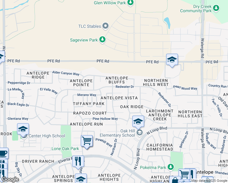 map of restaurants, bars, coffee shops, grocery stores, and more near 3721 Stone Walk Court in Antelope