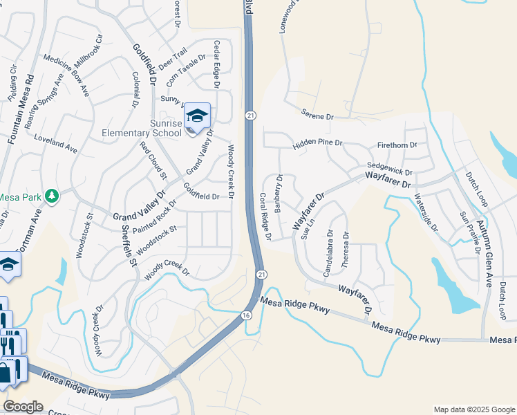 map of restaurants, bars, coffee shops, grocery stores, and more near 7302 Coral Ridge Drive in Colorado Springs