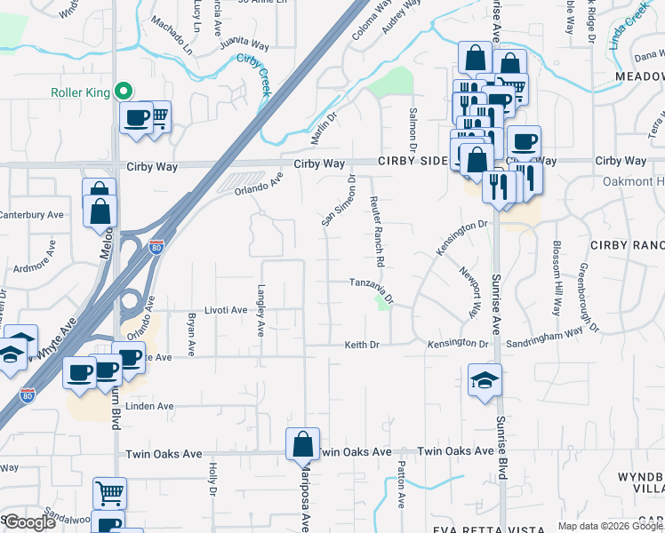 map of restaurants, bars, coffee shops, grocery stores, and more near 1005 Palos Verdes Court in Roseville