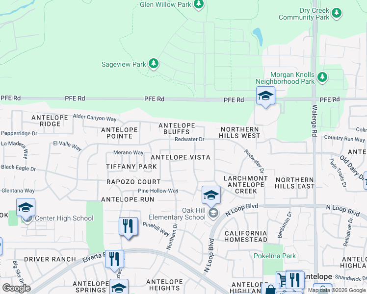 map of restaurants, bars, coffee shops, grocery stores, and more near 8617 Morning Skye Way in Antelope