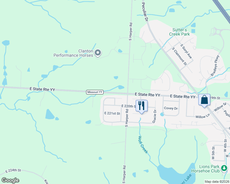 map of restaurants, bars, coffee shops, grocery stores, and more near 9810 East 219th Circle in Peculiar