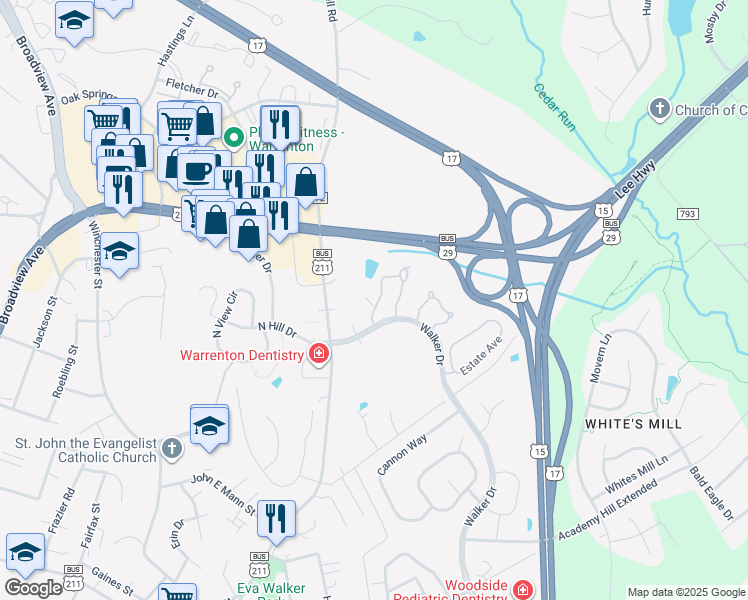 map of restaurants, bars, coffee shops, grocery stores, and more near 51 Morton Ridge in Warrenton