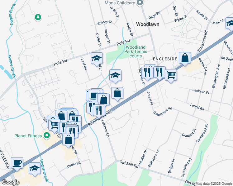 map of restaurants, bars, coffee shops, grocery stores, and more near 8521 Highland Lane in Alexandria