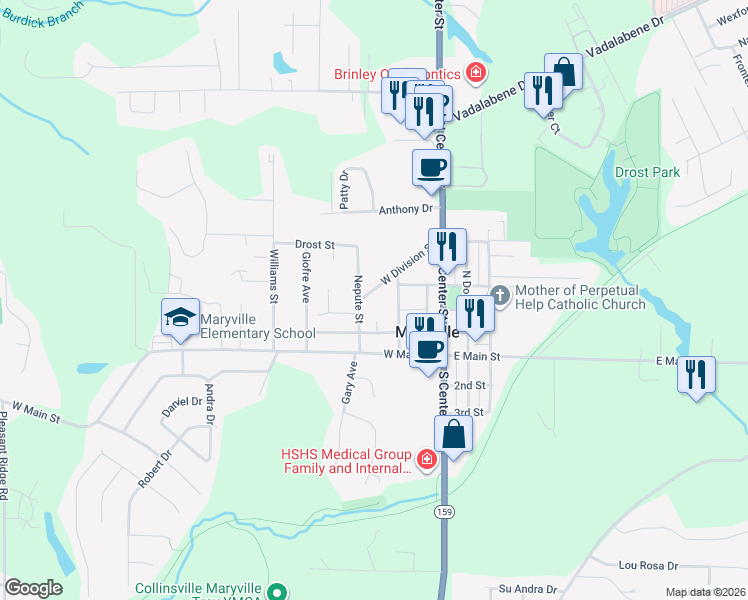 map of restaurants, bars, coffee shops, grocery stores, and more near 213 West Division Street in Maryville