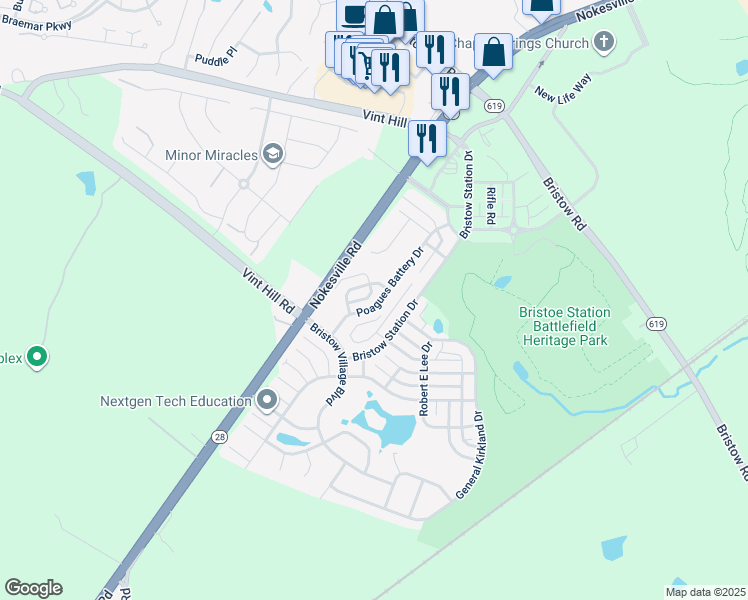 map of restaurants, bars, coffee shops, grocery stores, and more near 10582 Poagues Battery Drive in Bristow