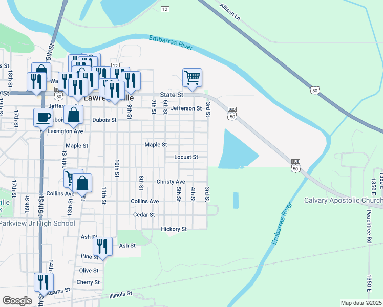map of restaurants, bars, coffee shops, grocery stores, and more near 401 Locust Street in Lawrenceville