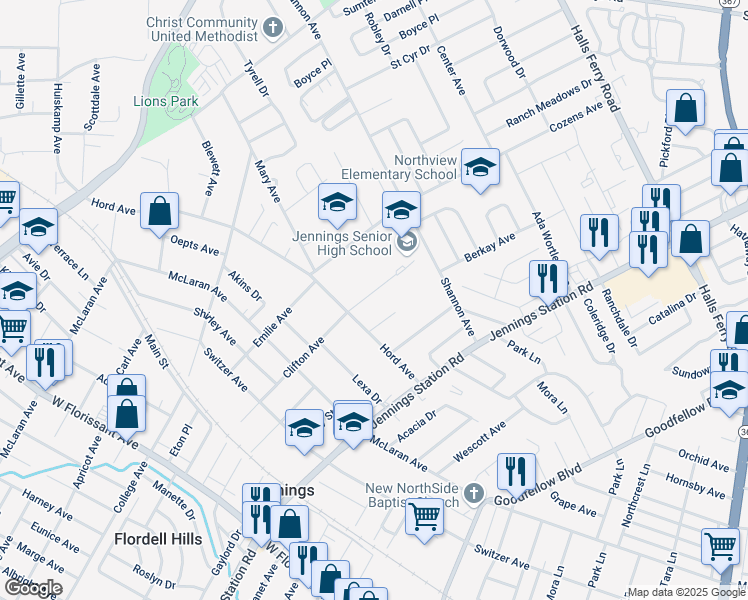 map of restaurants, bars, coffee shops, grocery stores, and more near 8814 Clifton Avenue in Jennings