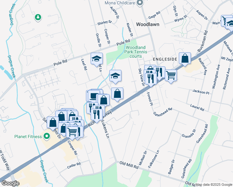 map of restaurants, bars, coffee shops, grocery stores, and more near 8521 Highland Lane in Alexandria