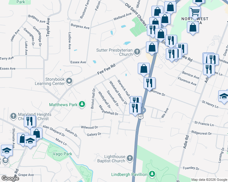 map of restaurants, bars, coffee shops, grocery stores, and more near 11045 Whitehall Manor Dr in Bridgeton