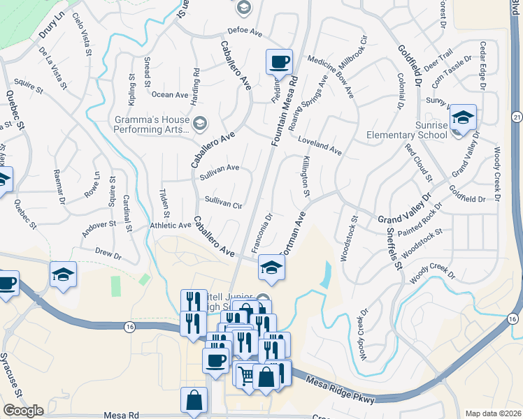 map of restaurants, bars, coffee shops, grocery stores, and more near 7336 Franconia Drive in Fountain
