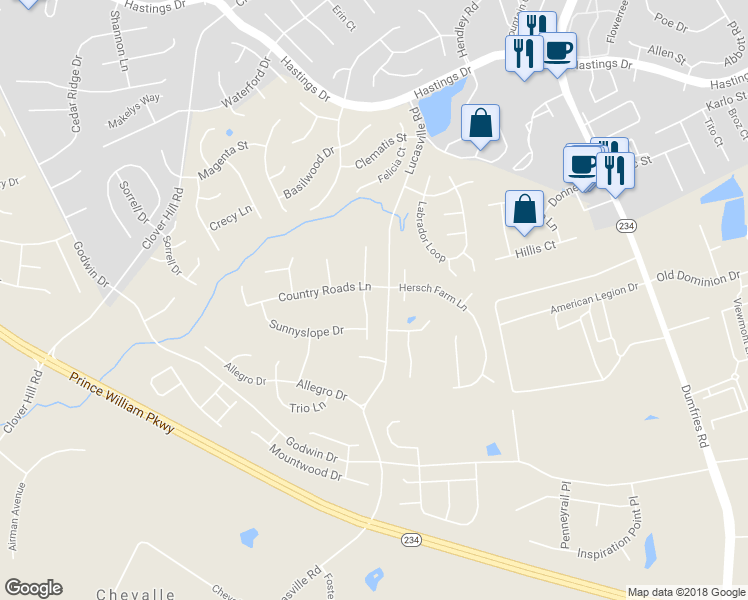 map of restaurants, bars, coffee shops, grocery stores, and more near 10519 Cedar Creek Dr in Manassas
