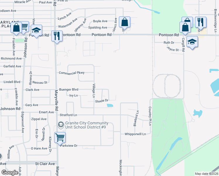 map of restaurants, bars, coffee shops, grocery stores, and more near 2625 Buenger Boulevard in Granite City