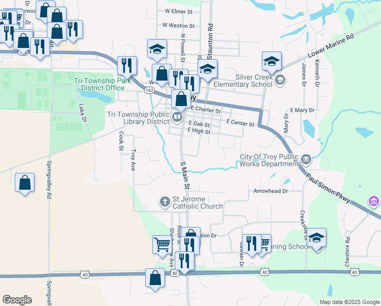 map of restaurants, bars, coffee shops, grocery stores, and more near 302 East Padin Street in Troy