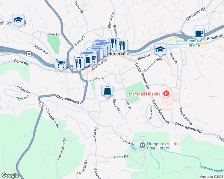 map of restaurants, bars, coffee shops, grocery stores, and more near 843 Blue Bell Court in Placerville