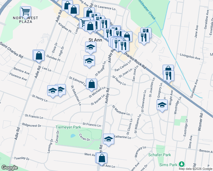 map of restaurants, bars, coffee shops, grocery stores, and more near 10501 Saint Michael Lane in Saint Ann