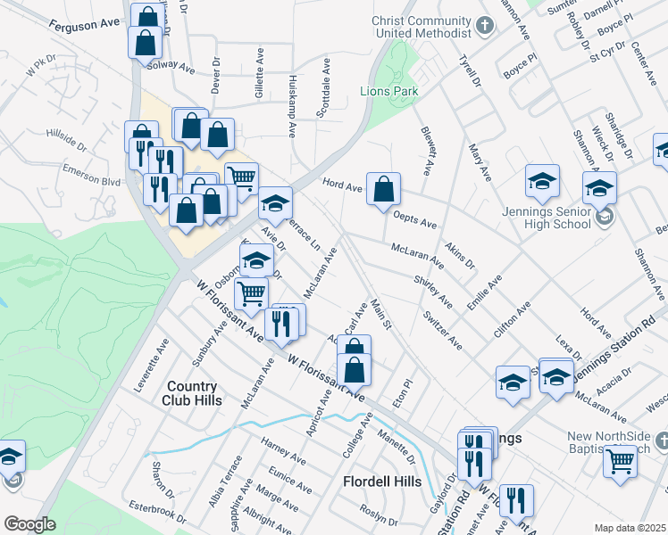map of restaurants, bars, coffee shops, grocery stores, and more near 2554 Oakcrest Avenue in Jennings