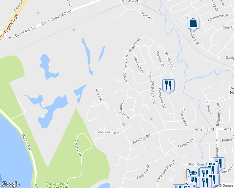 map of restaurants, bars, coffee shops, grocery stores, and more near 12262 Spring Place Court in Maryland Heights
