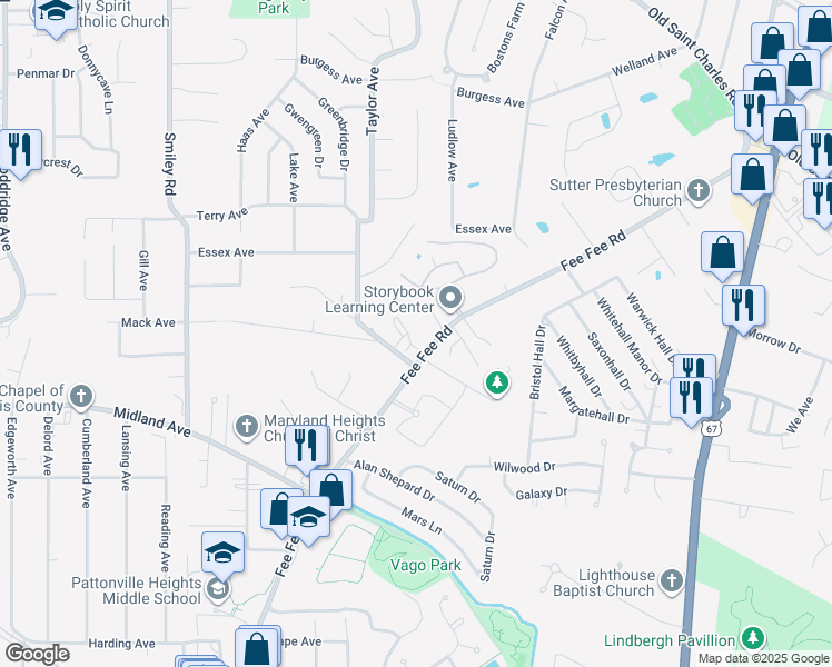 map of restaurants, bars, coffee shops, grocery stores, and more near 3114 Edwards Place in Maryland Heights