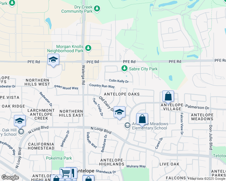 map of restaurants, bars, coffee shops, grocery stores, and more near 4514 Country Run Way in Antelope