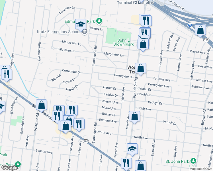 map of restaurants, bars, coffee shops, grocery stores, and more near 9465 Harold Drive in St. Louis