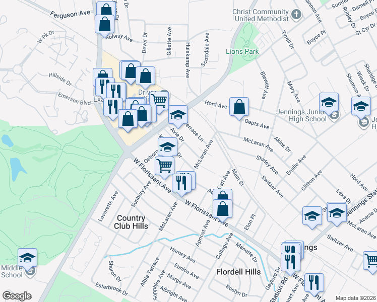map of restaurants, bars, coffee shops, grocery stores, and more near 2620 Avie Drive in Jennings