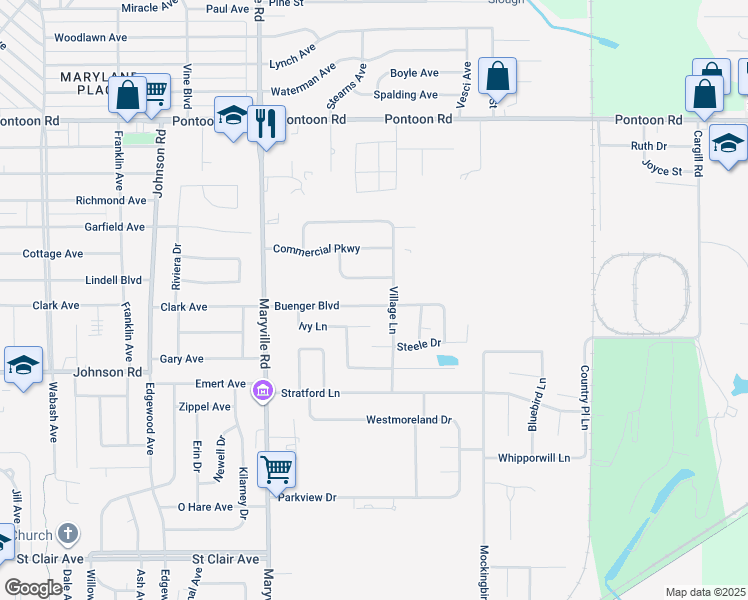 map of restaurants, bars, coffee shops, grocery stores, and more near 2569 Buenger Boulevard in Granite City