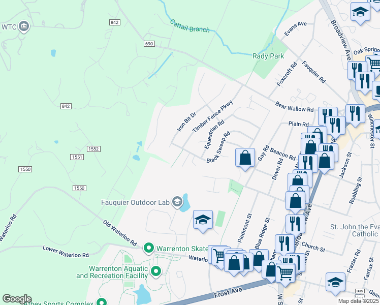 map of restaurants, bars, coffee shops, grocery stores, and more near 812 Black Sweep Rd in Warrenton