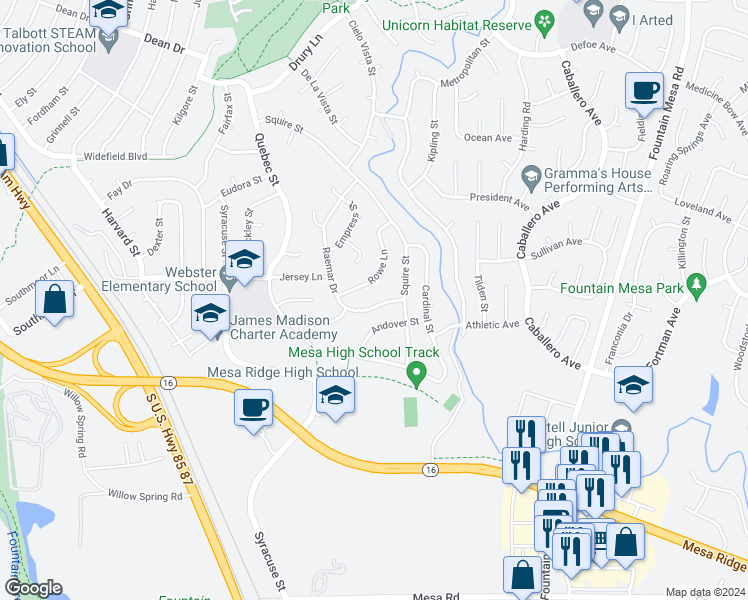 map of restaurants, bars, coffee shops, grocery stores, and more near 717 Raemar Drive in Colorado Springs