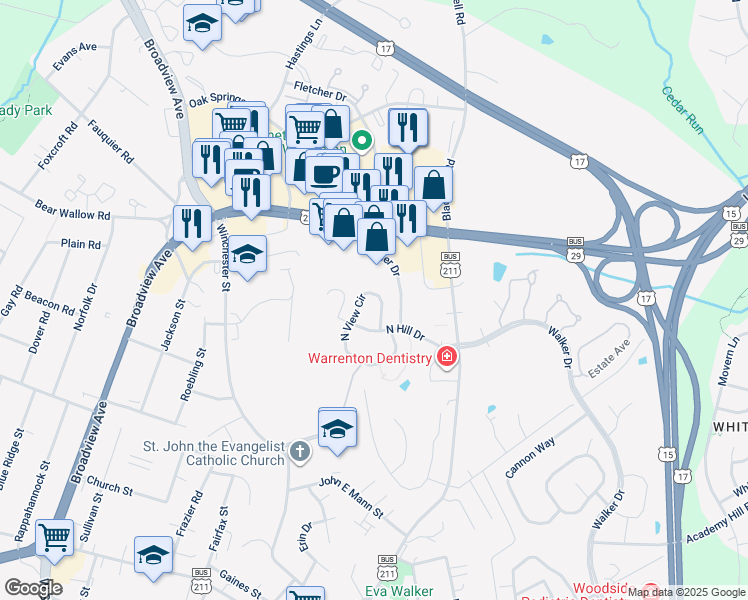 map of restaurants, bars, coffee shops, grocery stores, and more near 215 North View Circle in Warrenton