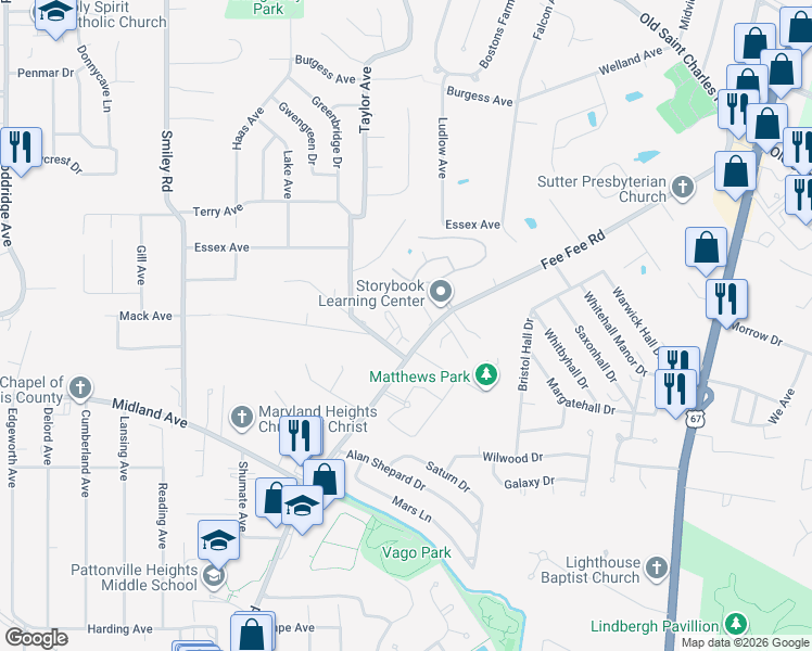 map of restaurants, bars, coffee shops, grocery stores, and more near 3114 Edwards Place in Maryland Heights