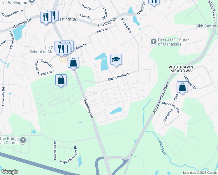 map of restaurants, bars, coffee shops, grocery stores, and more near 8826 Englewood Farms Drive in Manassas