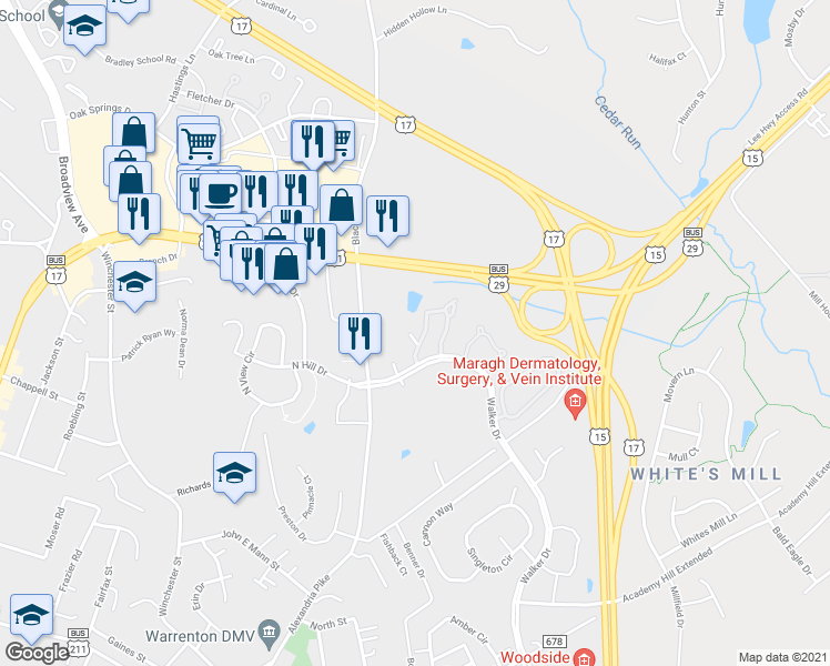 map of restaurants, bars, coffee shops, grocery stores, and more near 47 Morton Ridge in Warrenton