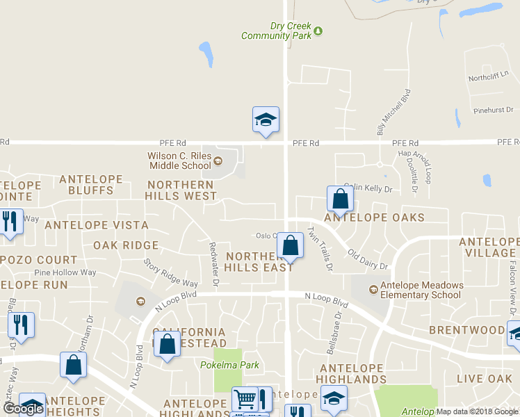map of restaurants, bars, coffee shops, grocery stores, and more near 4212 Pearl Wood Way in Antelope