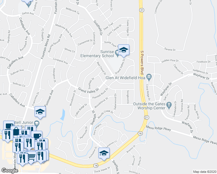 map of restaurants, bars, coffee shops, grocery stores, and more near 7301 Waterwheel Street in Colorado Springs