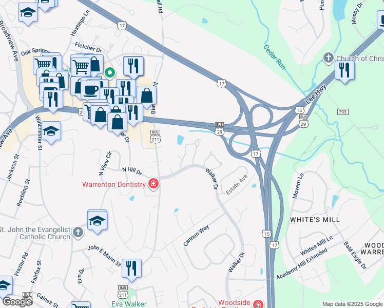 map of restaurants, bars, coffee shops, grocery stores, and more near 559 Highland Towne Lane in Warrenton