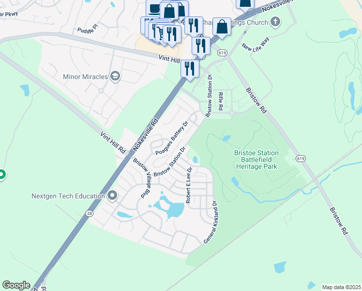 map of restaurants, bars, coffee shops, grocery stores, and more near 10610 Bristow Station Drive in Bristow