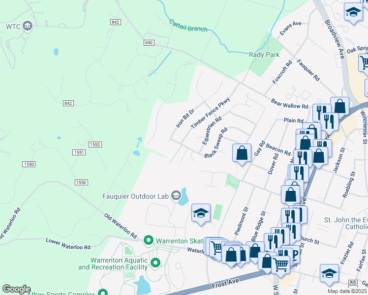 map of restaurants, bars, coffee shops, grocery stores, and more near 812 Black Sweep Road in Warrenton