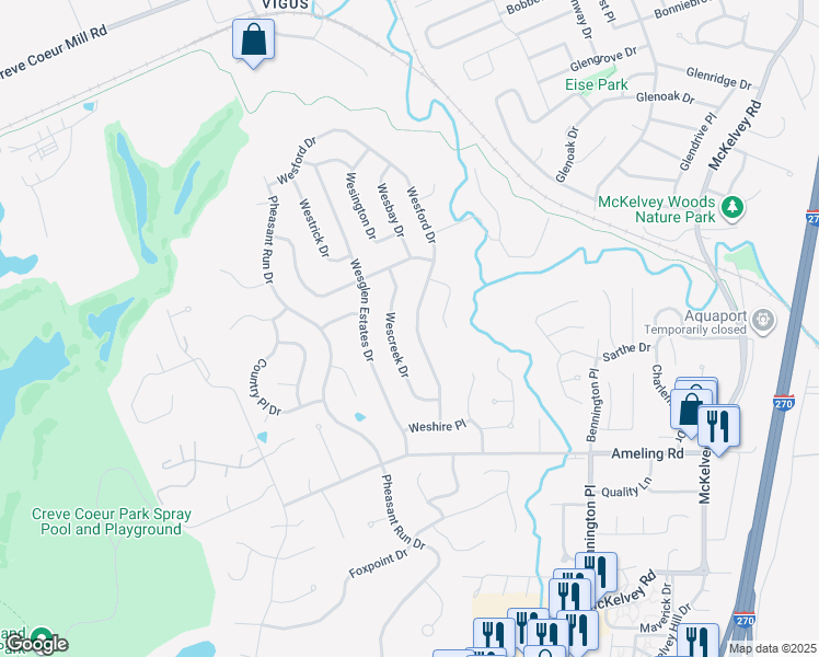 map of restaurants, bars, coffee shops, grocery stores, and more near 2364 Wescreek Drive in Maryland Heights