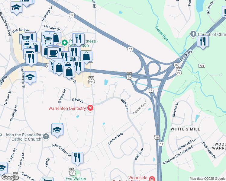 map of restaurants, bars, coffee shops, grocery stores, and more near 559 Highland Towne Lane in Warrenton