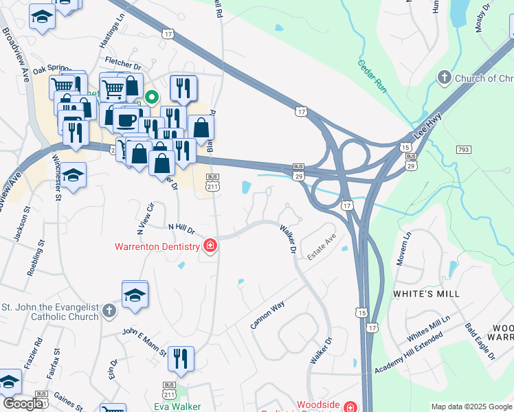 map of restaurants, bars, coffee shops, grocery stores, and more near 513 Highland Towne Lane in Warrenton