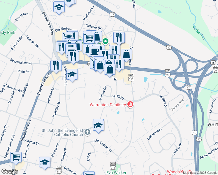 map of restaurants, bars, coffee shops, grocery stores, and more near 215 North View Circle in Warrenton