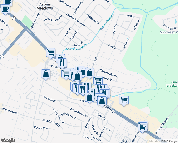 map of restaurants, bars, coffee shops, grocery stores, and more near 18936 Munchy Branch Road in Rehoboth Beach